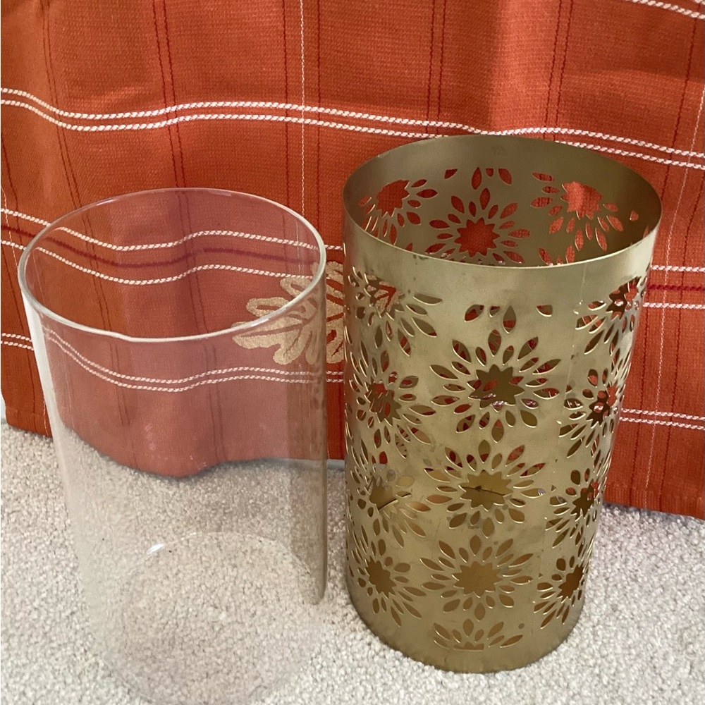 CLEAR GLASS VASE WITH BURNISHED BRASS FLOWER PATTERN SLEEVE PRICE REDUCED